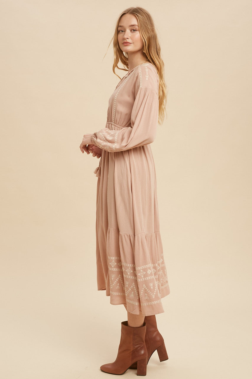 Rose Taupe Peasant Dress with Tassels