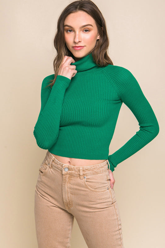 Green  Ribbed Turtleneck Top