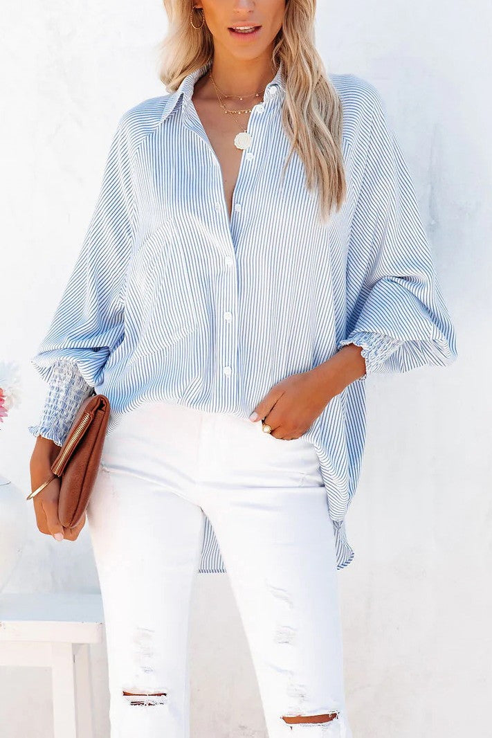 Blue Striped Casual Button Down Top