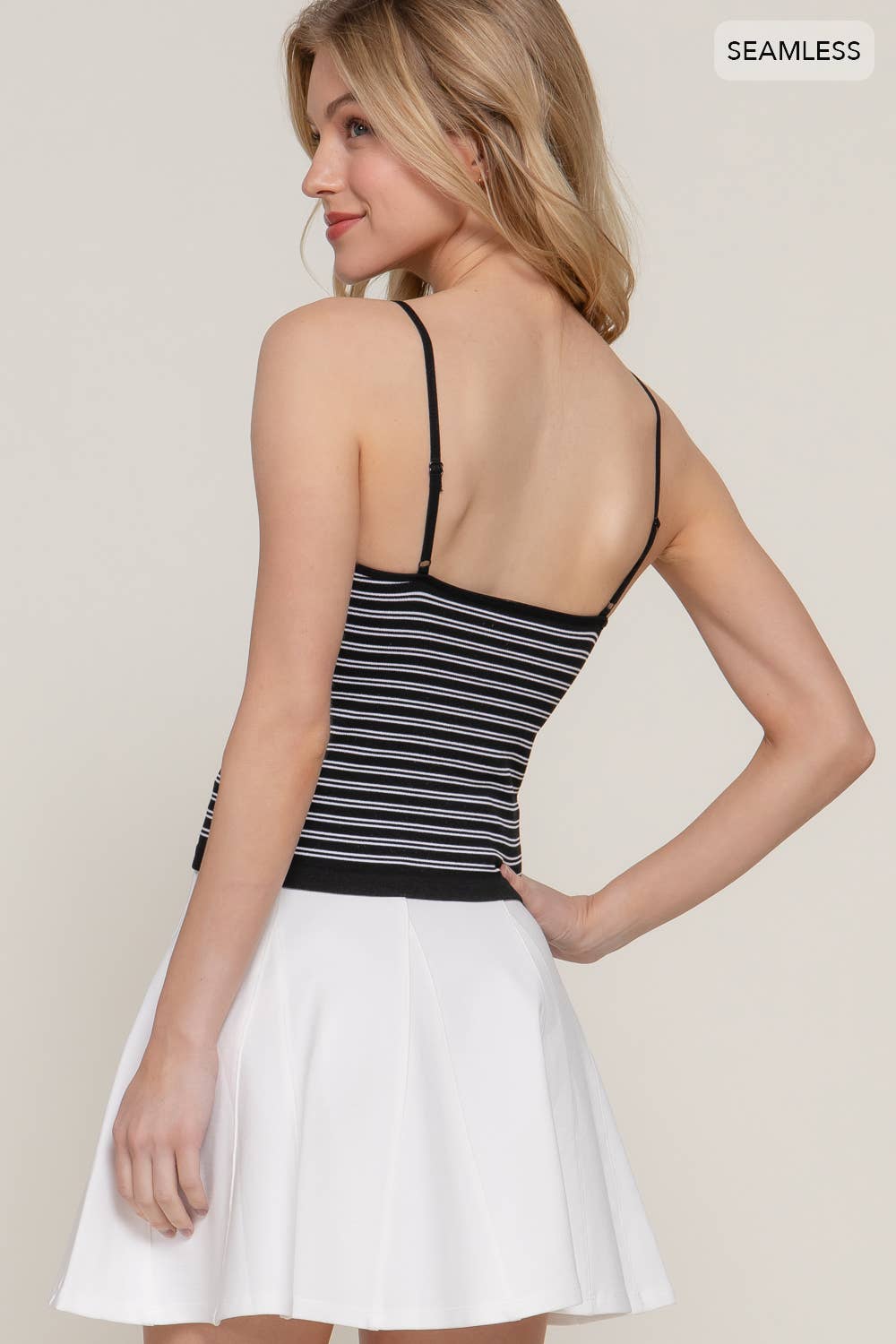 Straight Neck with Bow Detail Stripe Cami Seamless Top Black