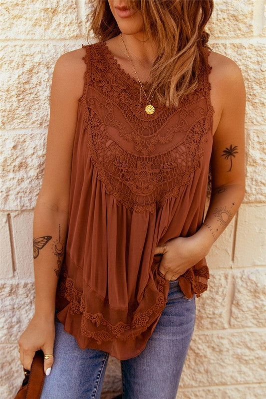 Brown Lace Button Back Top