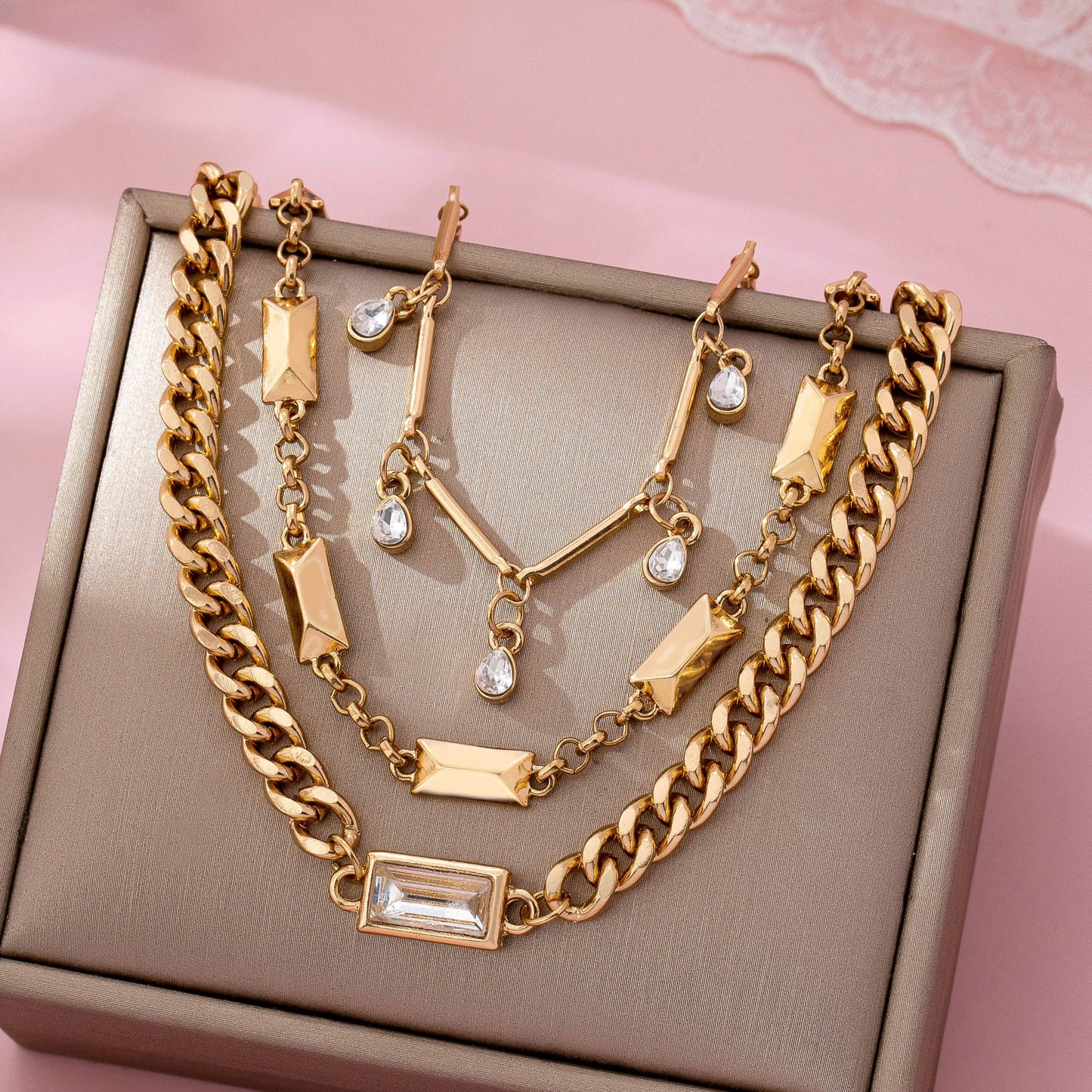 Gold Multi-Chain Crystal Drop Layered Bracelet