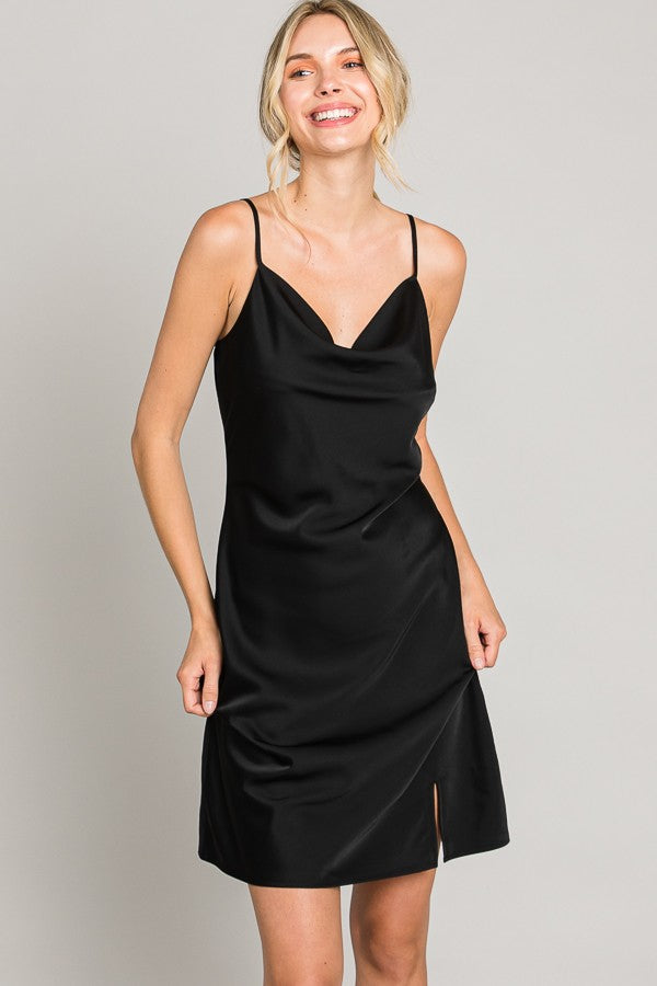 Black Satin Front Slit Dress