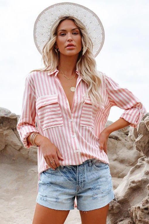 Pink Striped Loose Button Down Top