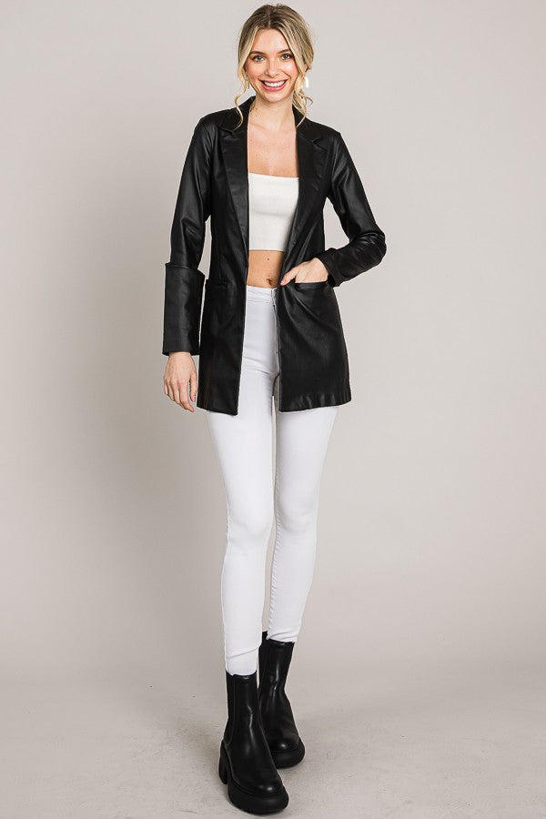 Black Coated Leather Blazer