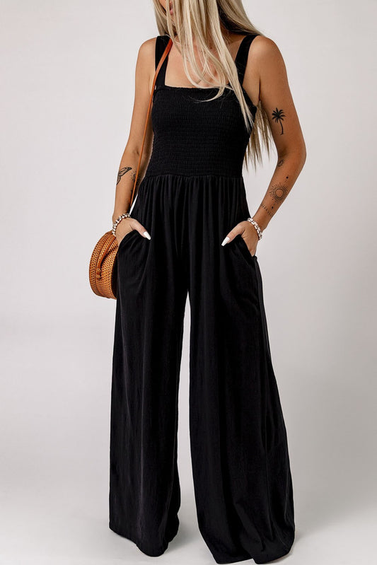Black Smocked Wide Leg Jumpsuit