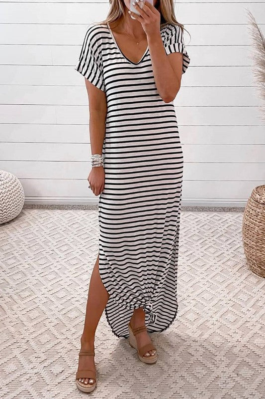 Striped Side Split Short Sleeve Maxi Dress