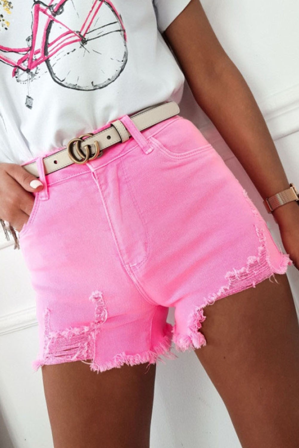 Pink Distressed Denim Shorts