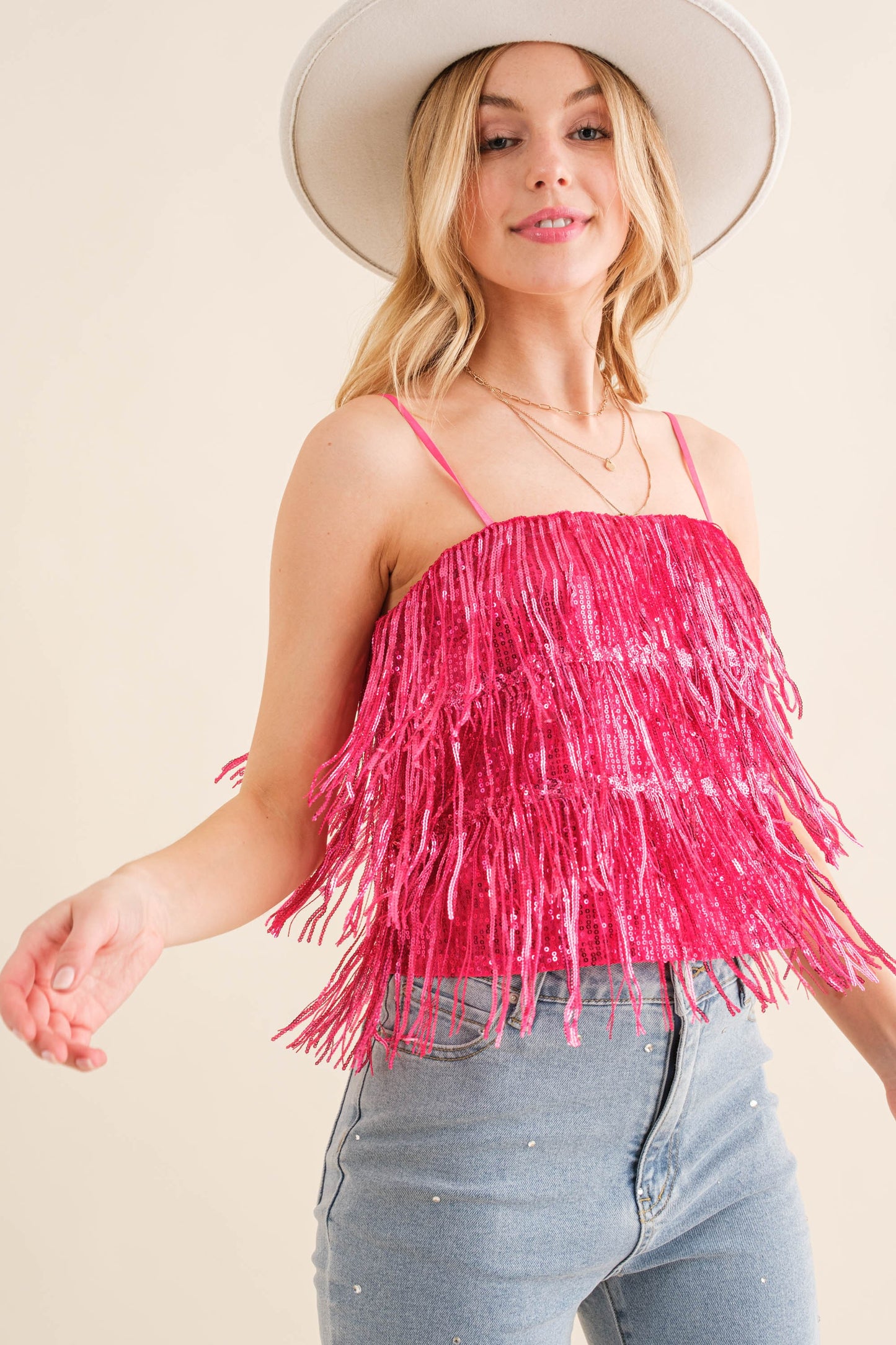 Hot Pink Sequin Tiered Tank