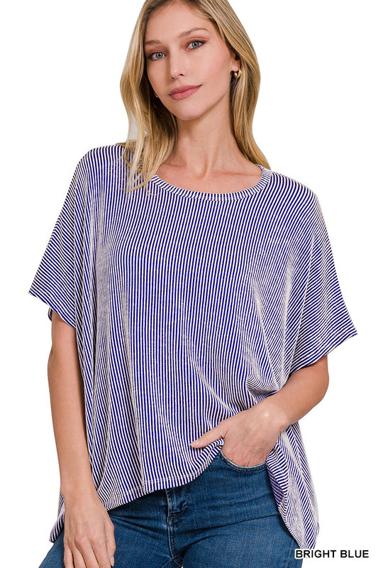 Bright Blue Ribbed Striped Oversized Top