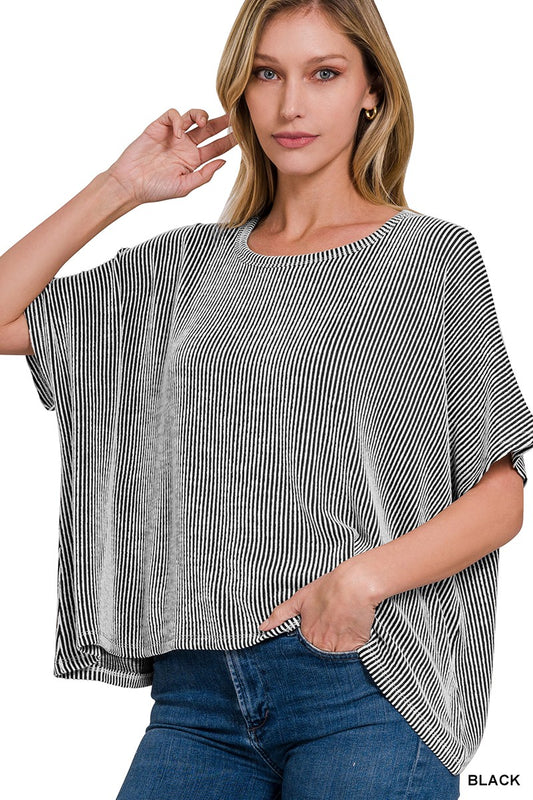 Black Ribbed Striped Oversized Top