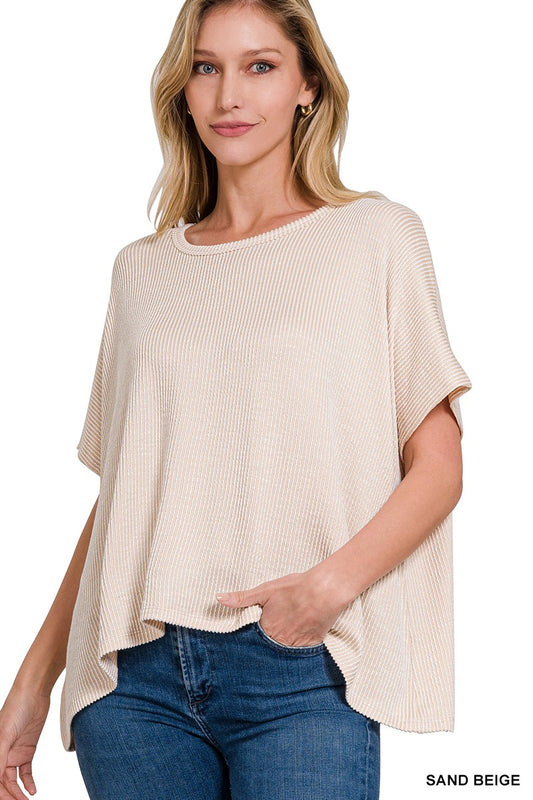 Sand Beige Ribbed Striped Oversized Top