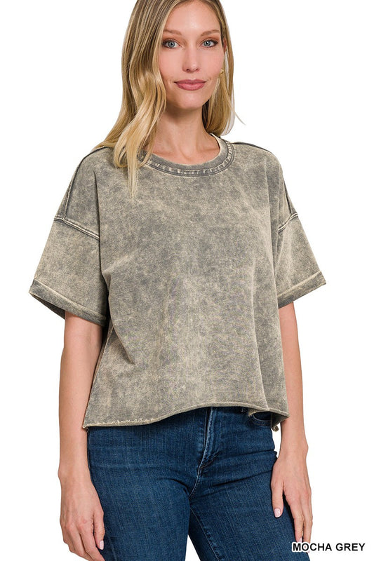 Mocha Grey Washed Raw Edge Crop Top