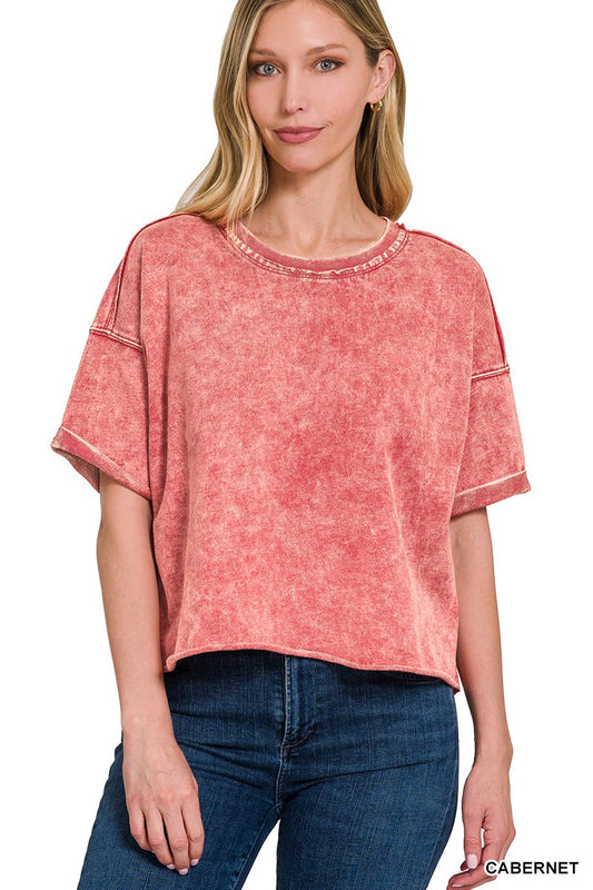 Cabernet Washed Raw Edge Crop Top