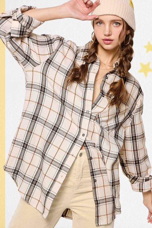Bone Button Down Plaid Shirt
