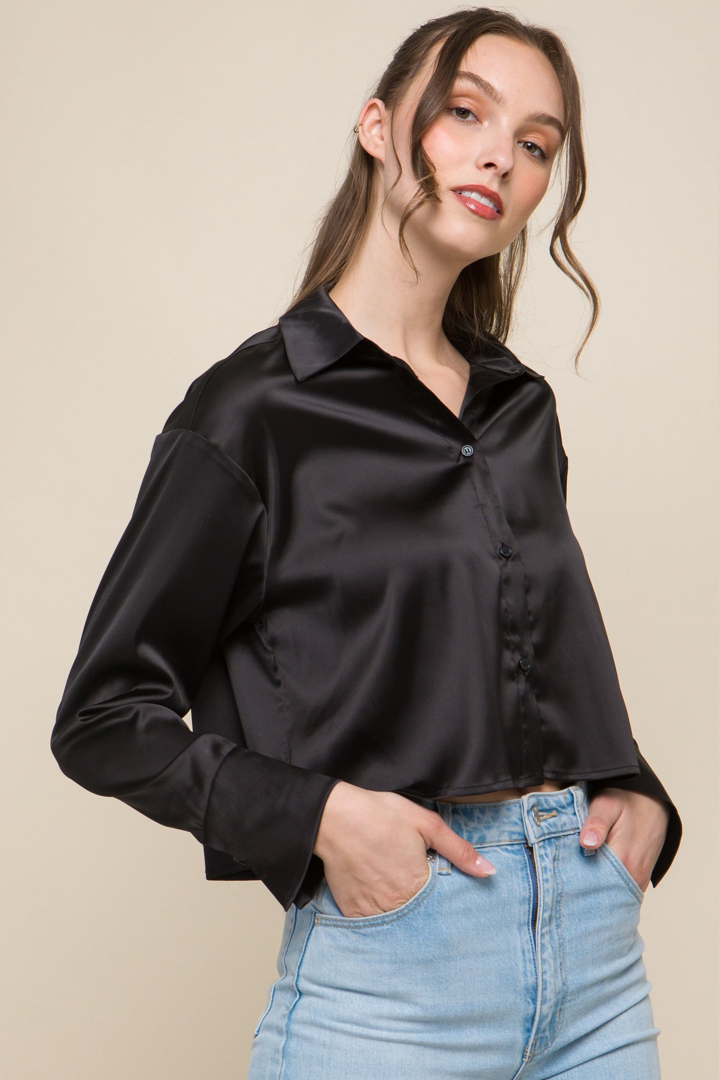 Black Cropped Button Down