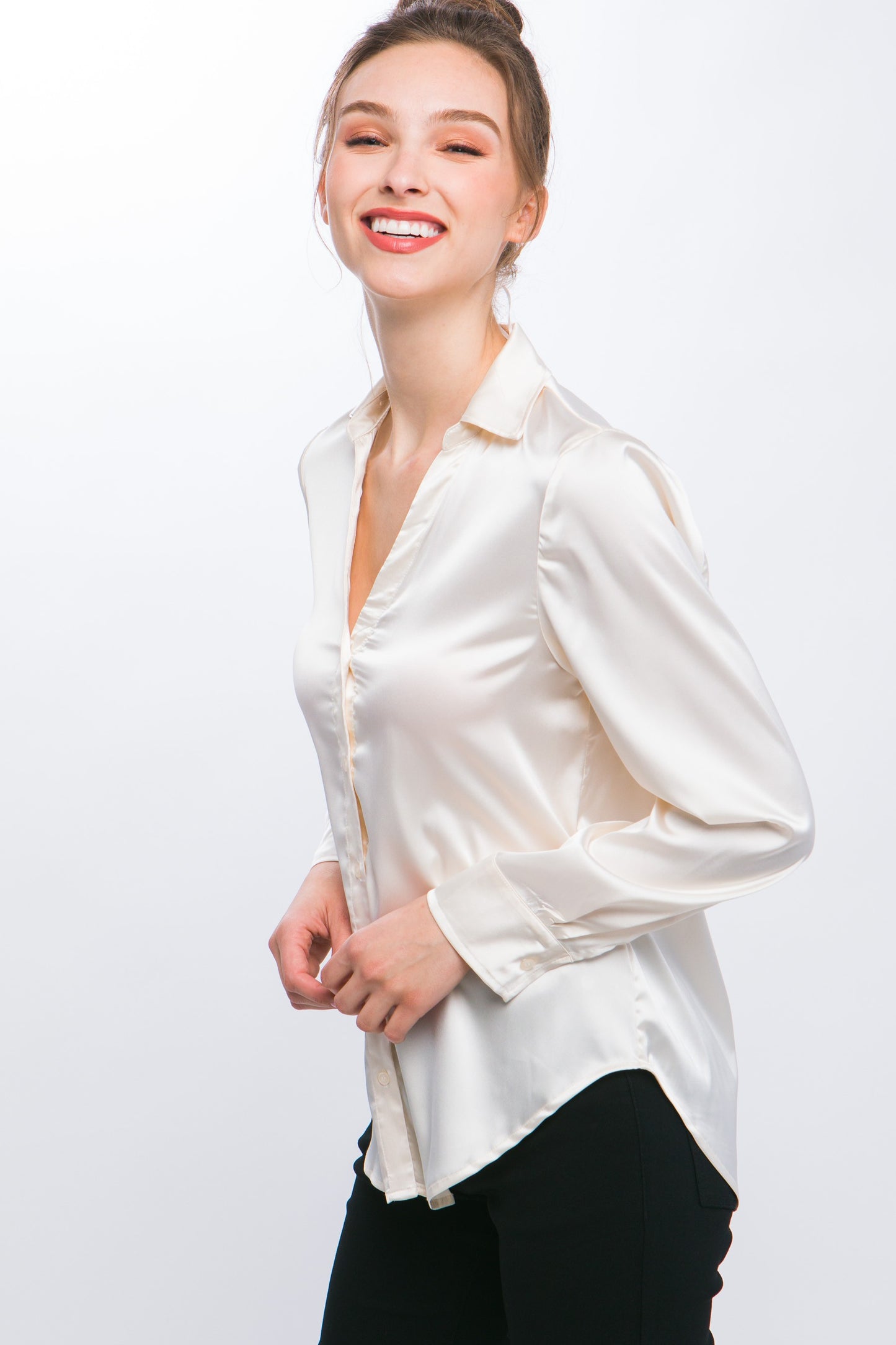 Ivory Satin Long Sleeve Button Down