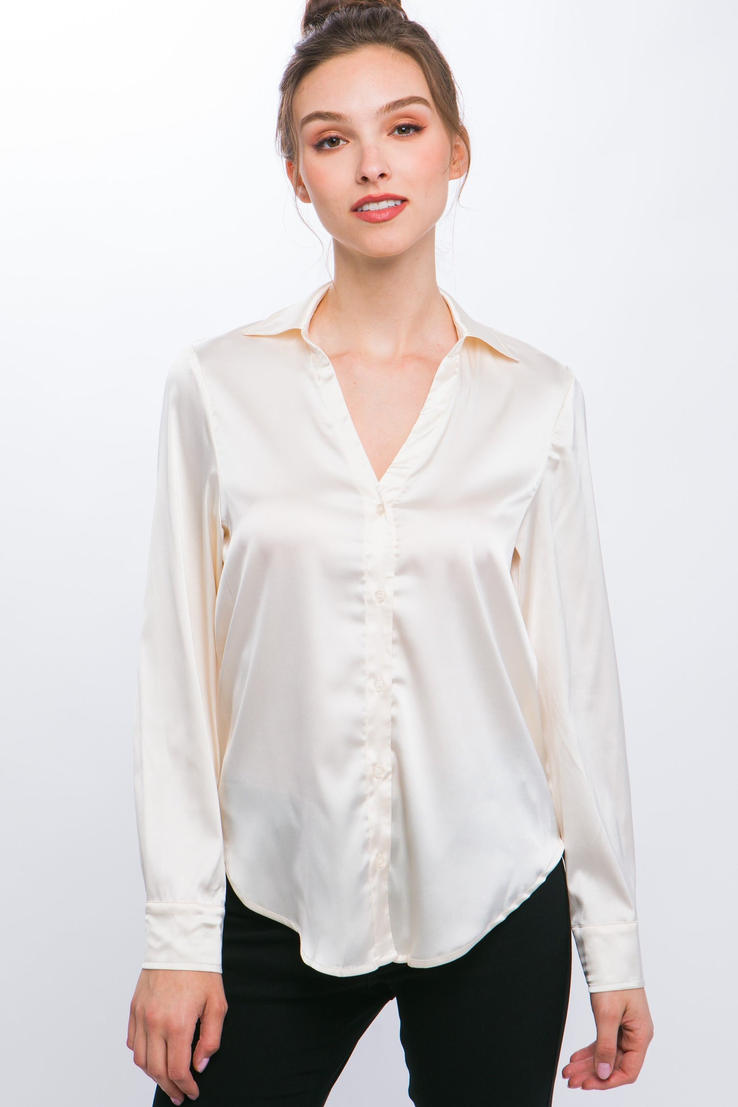 Ivory Satin Long Sleeve Button Down