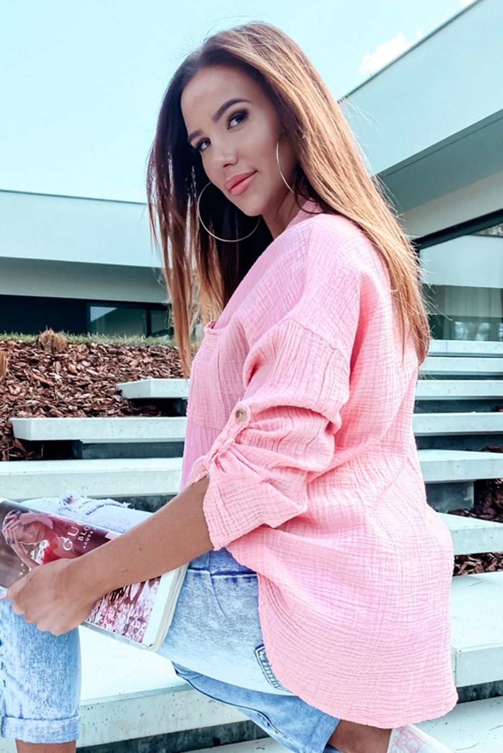 Pink Textured Button Down Top