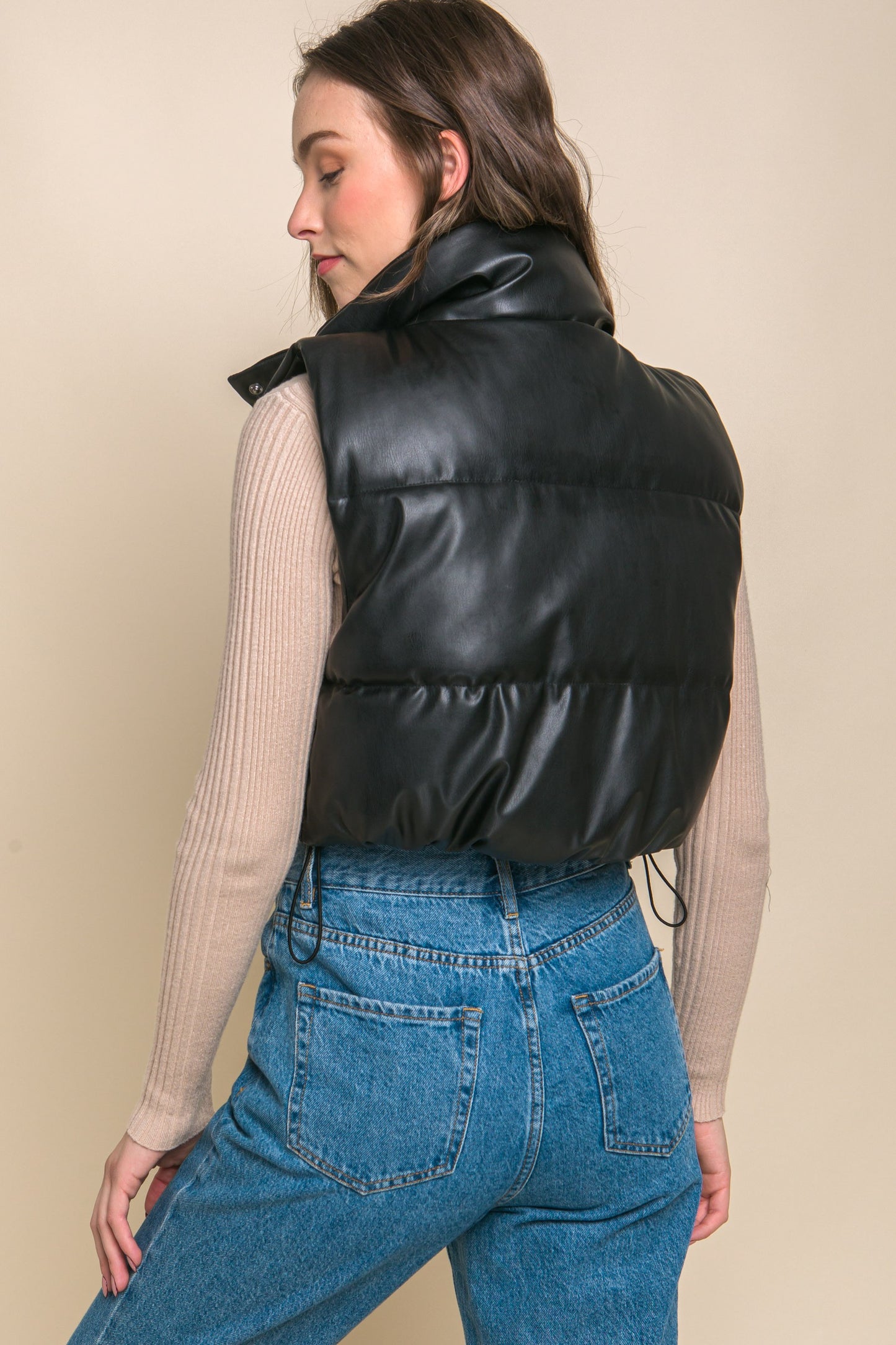 Black Faux Leather Puffer Vest