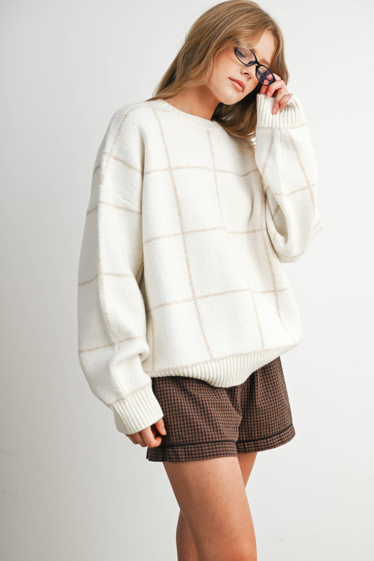 Checkered Crew Neck Knit Sweater