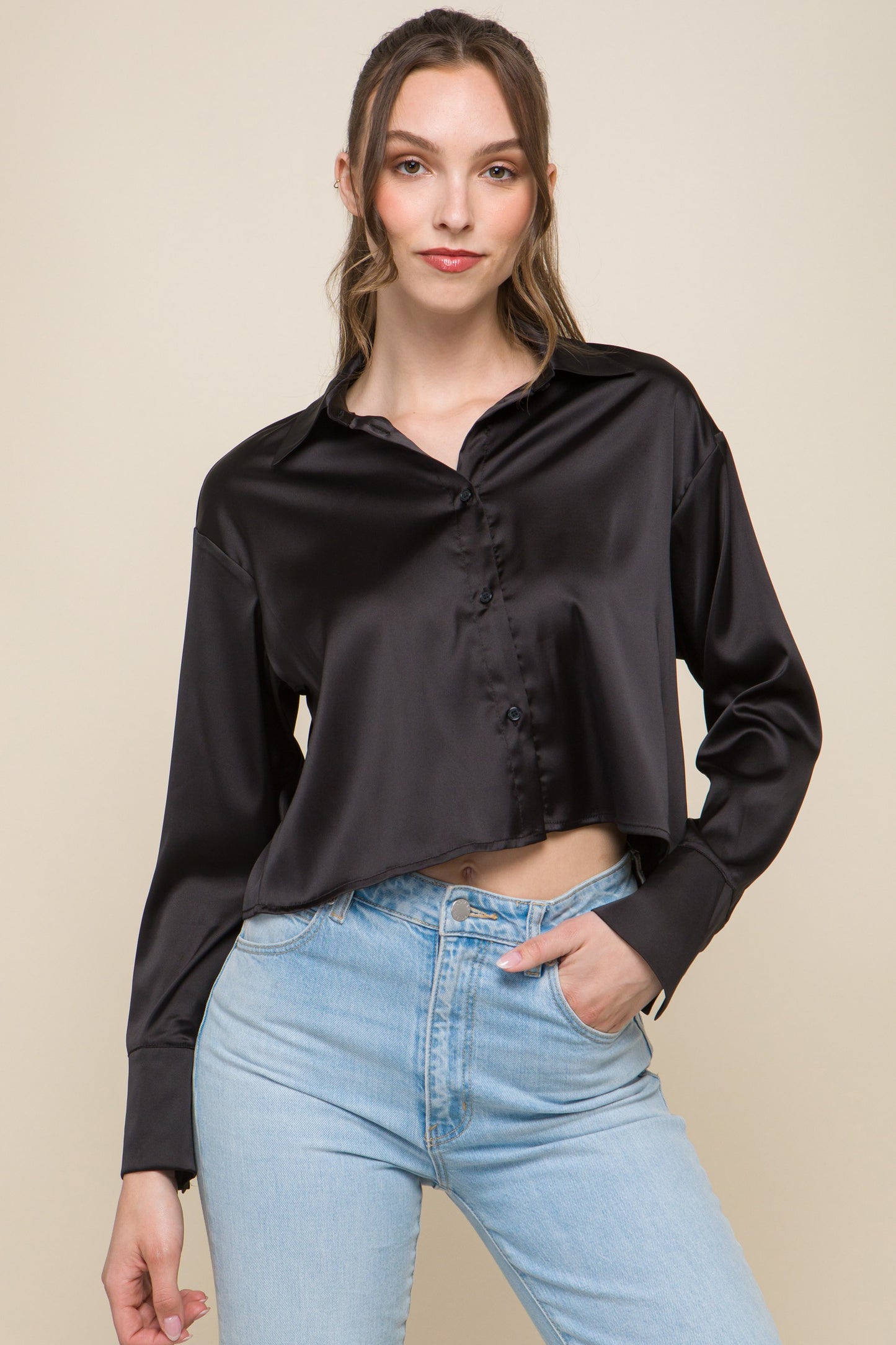 Black Satin Cropped Button Down