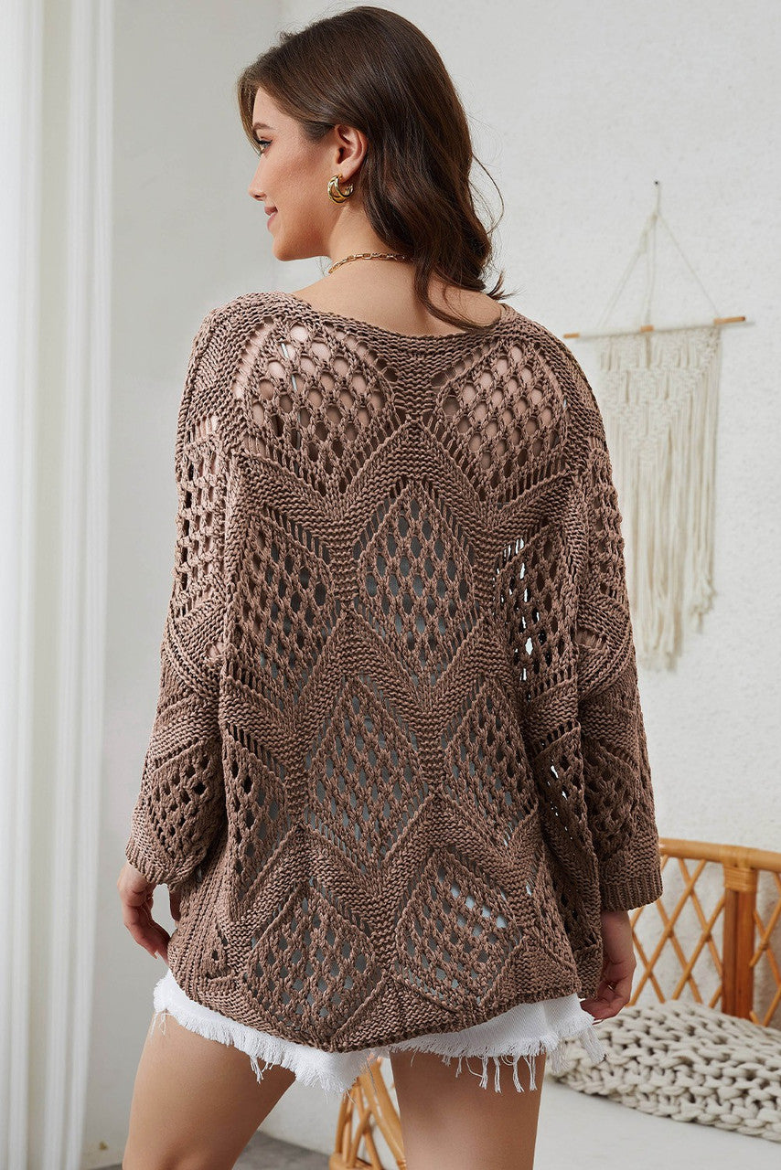 Khaki Hollow V-Neck Knitted Sweater