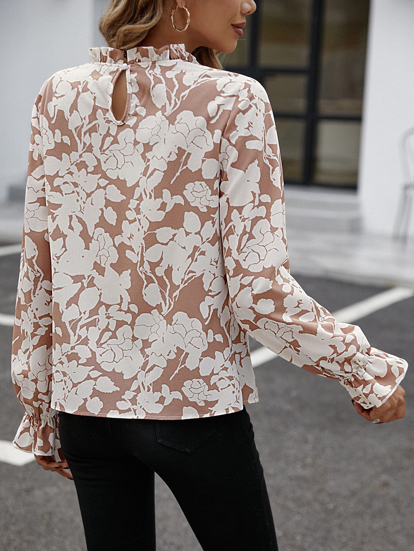 White Floral Blouse with Frilled Neck