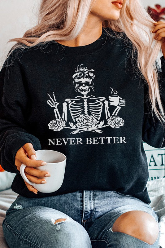 Black Never Better Skeleton Crewneck