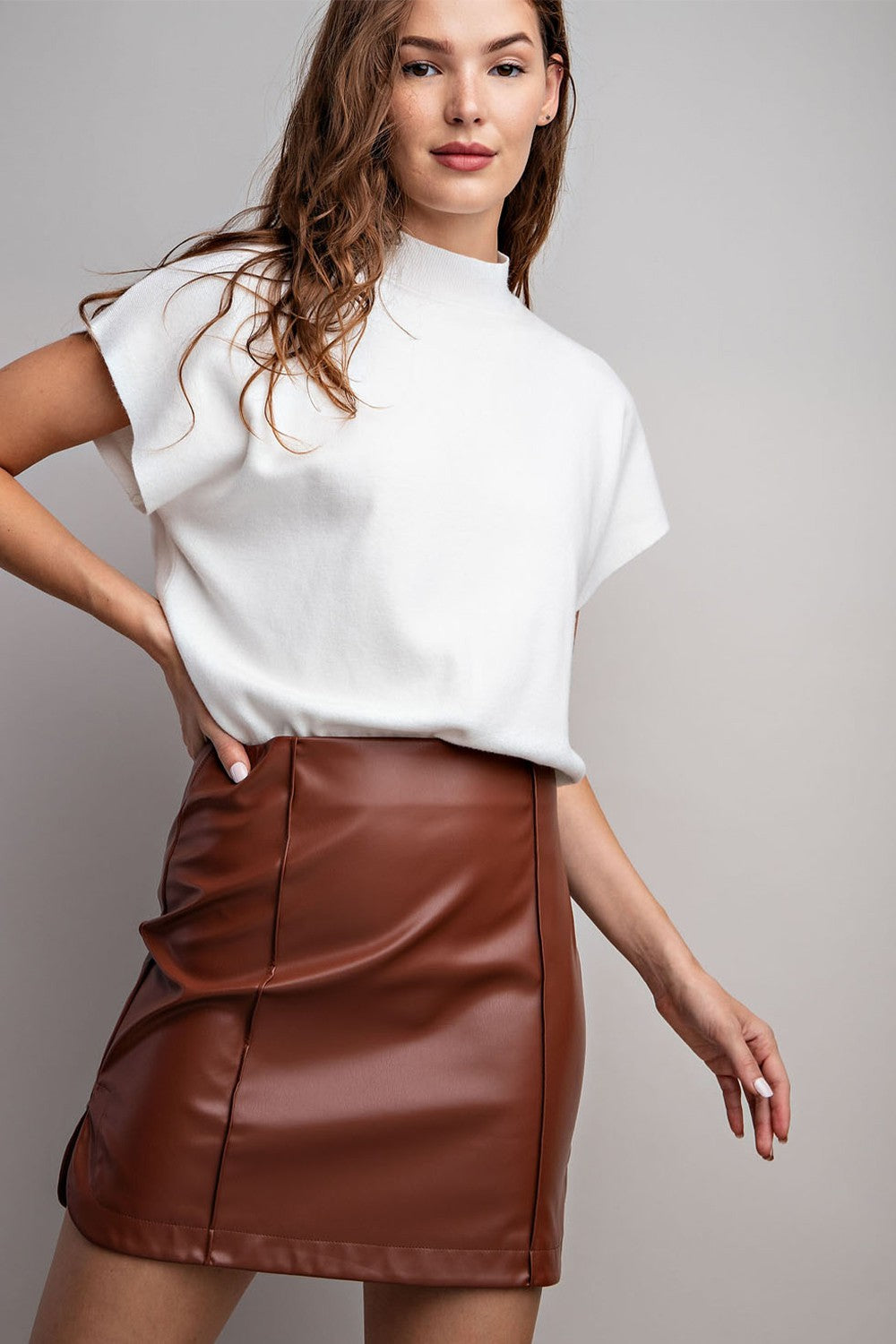 Brown Leather Mini Pencil Skirt