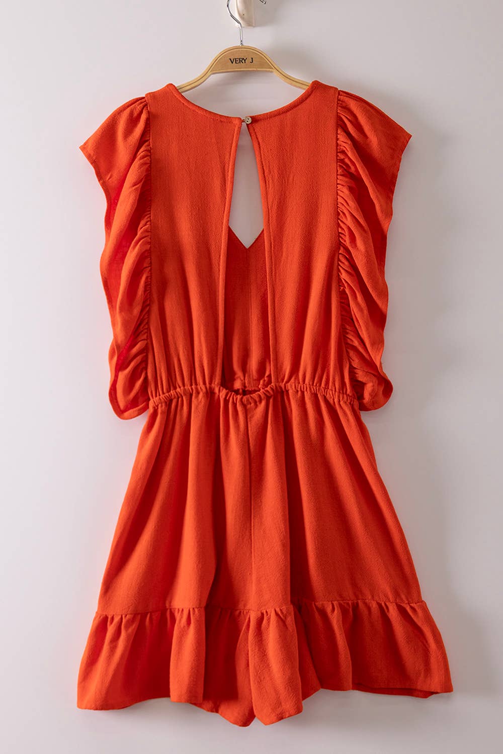 Back Cutout Detail Ruffled Sleeve Romper: BLACK