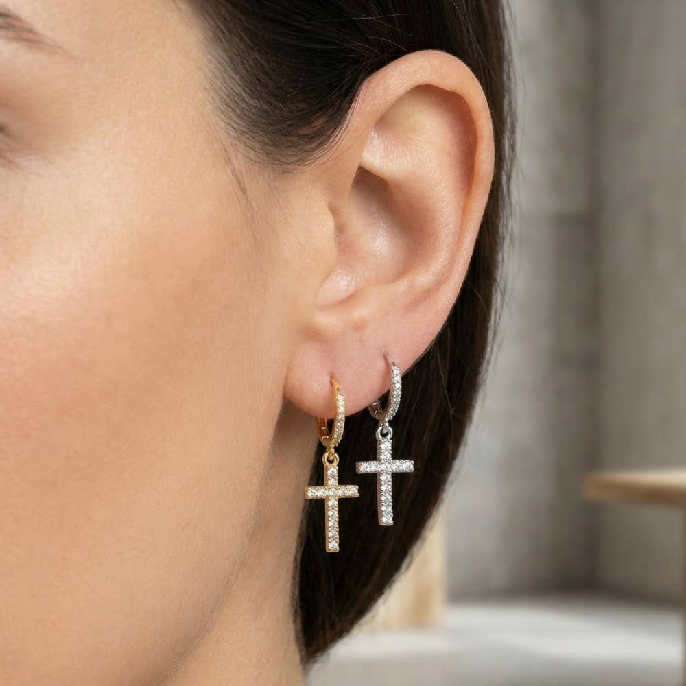 Secret Box Gold Dipped Cz Pave Cross Drop Earrings
