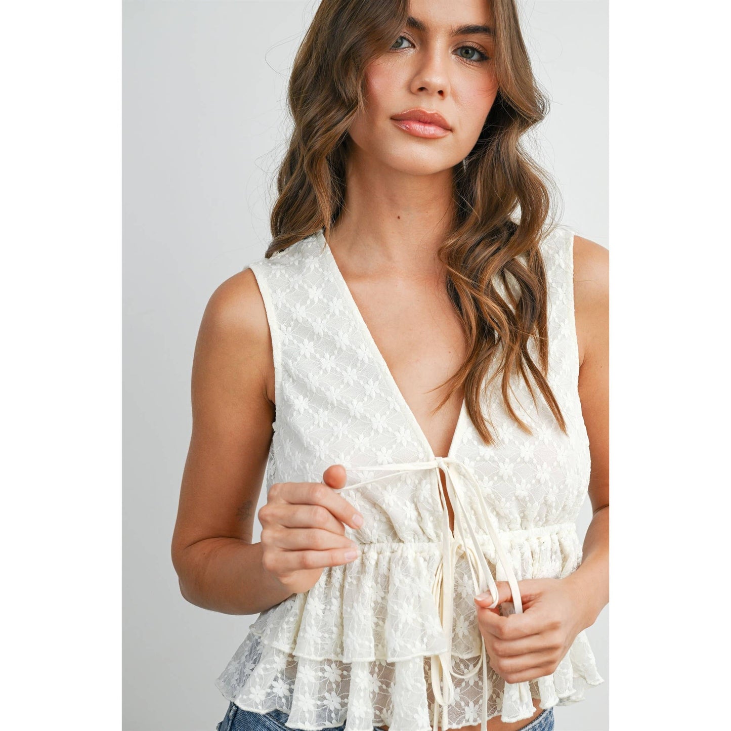 Tiered Ruffle Hem Tie-Front Tank Top