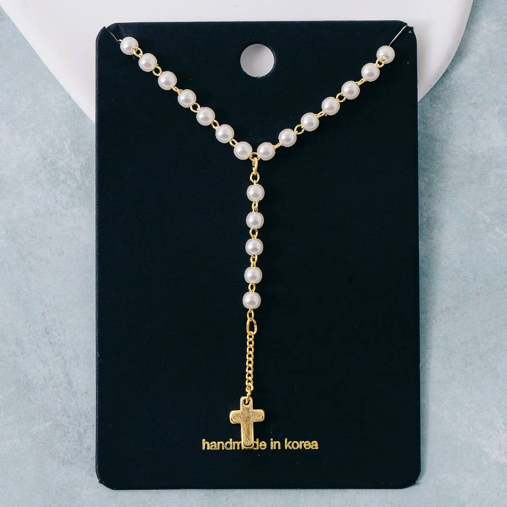 Pearl Beaded Y Chain Cross Pendant Necklace