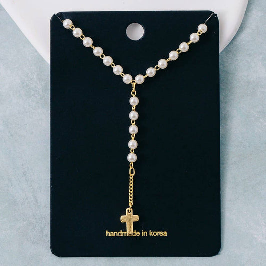 Pearl Beaded Y Chain Cross Pendant Necklace