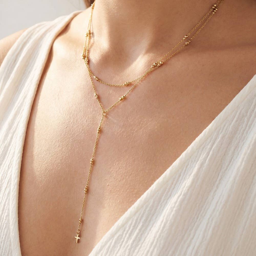 Dainty Layered Silver Mini Cross Pendant Y Necklace