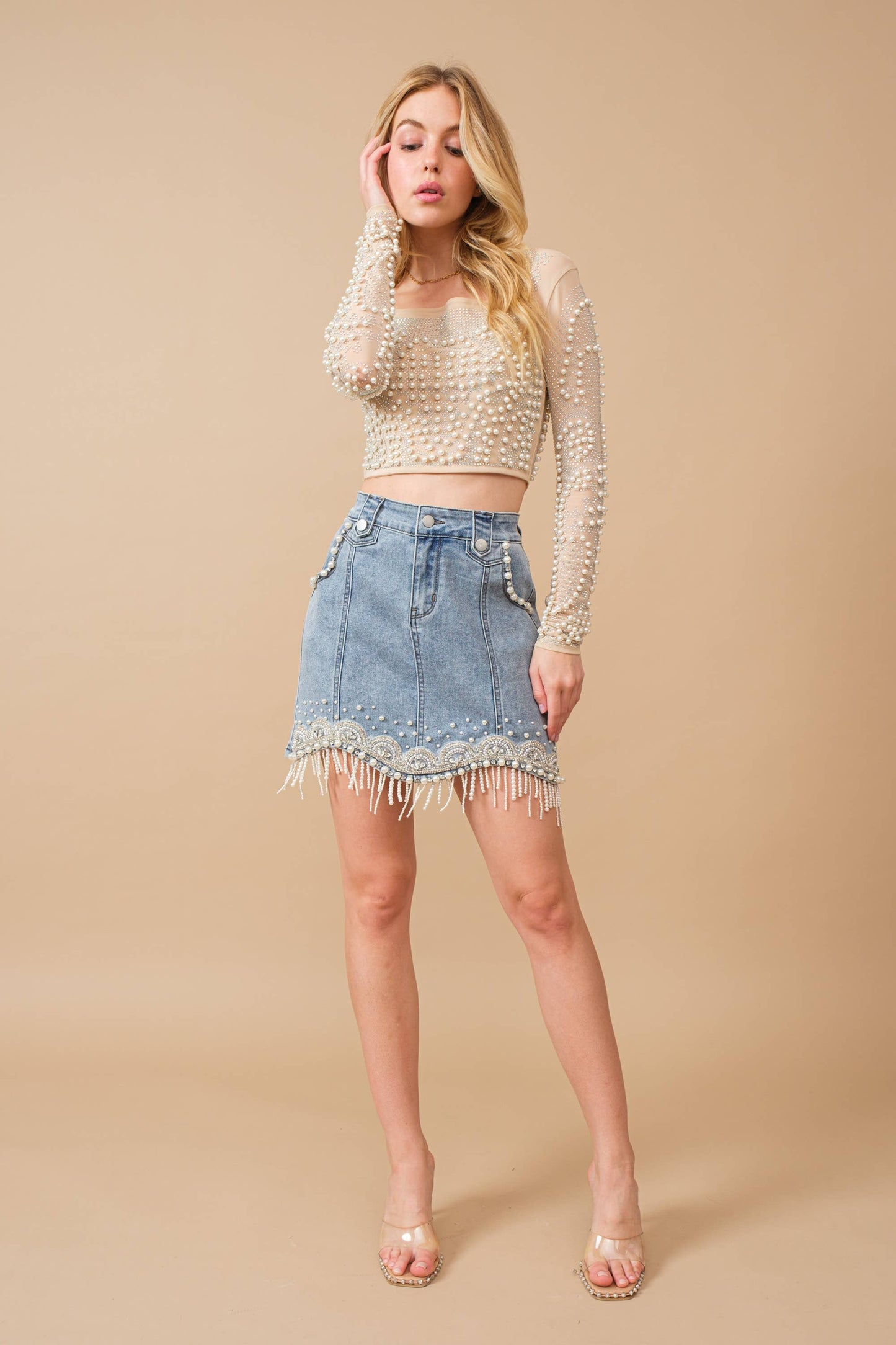 Denim Embellished Fringe Mini Skirt