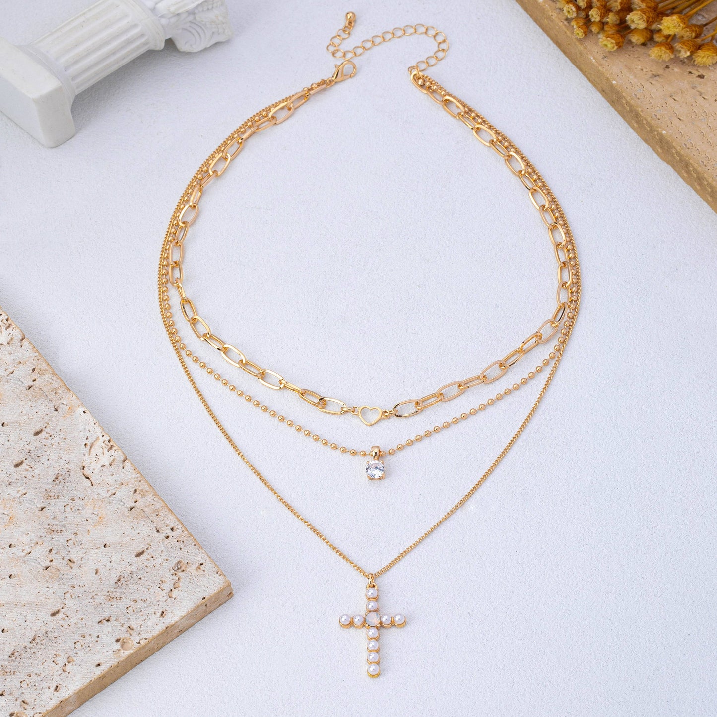 Multi-Layered Pearl Cross Rhinestone Necklace