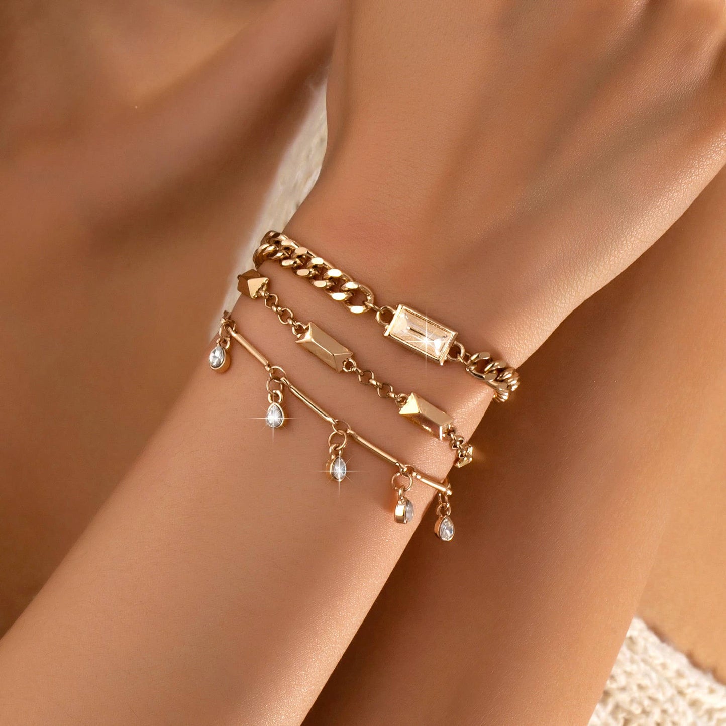Gold Multi-Chain Crystal Drop Layered Bracelet