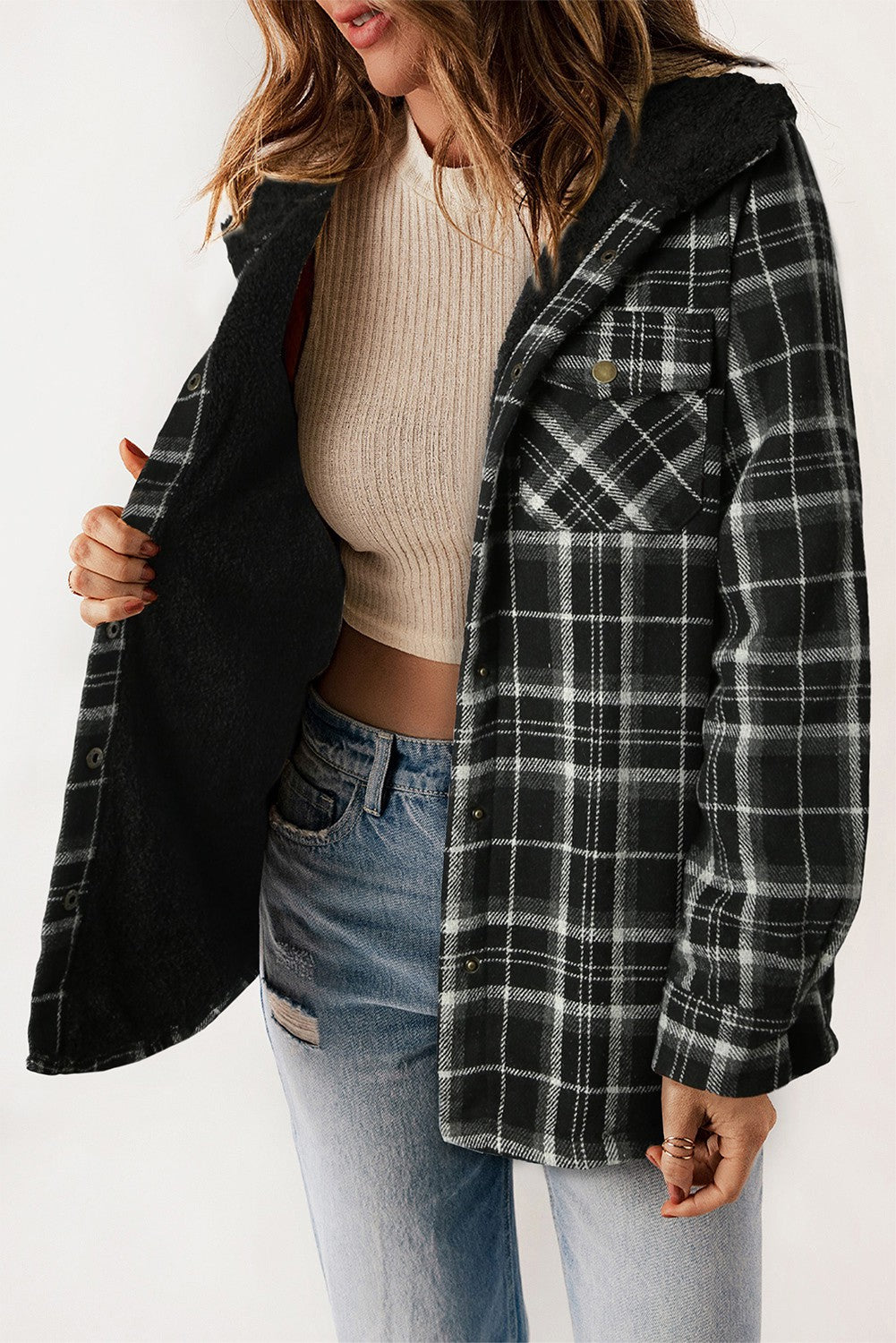 Black Plaid Sherpa Hooded Shacket