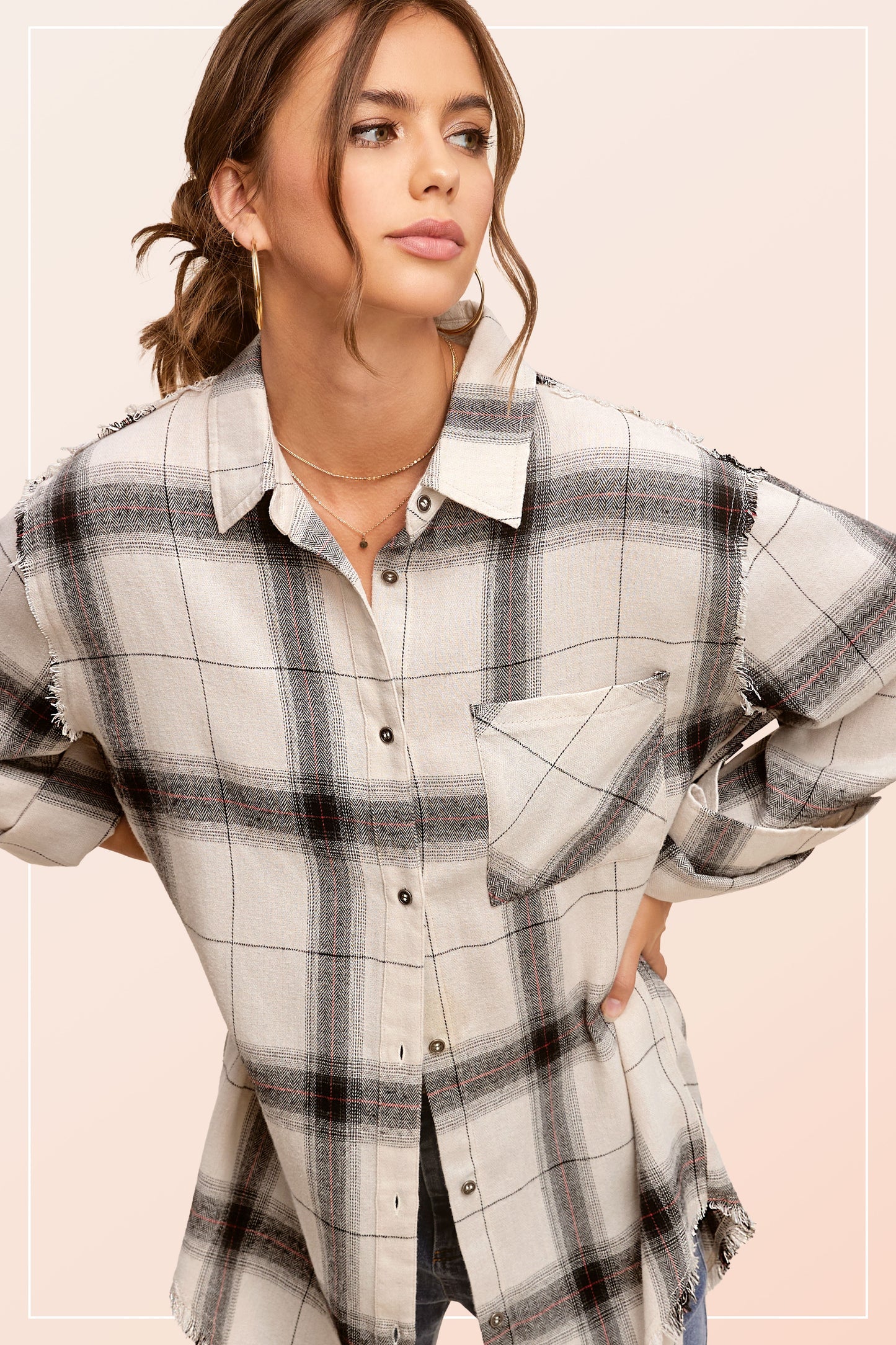 White Raw Edge Plaid Shirt