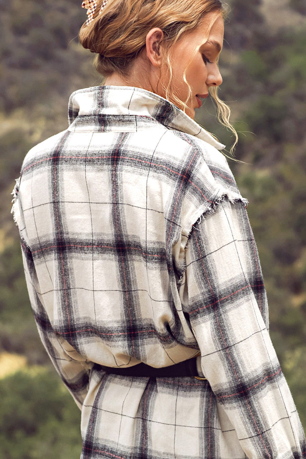 White Raw Edge Plaid Shirt