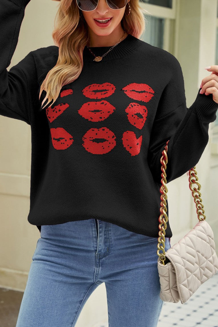 Black Knitted Lips Sweater
