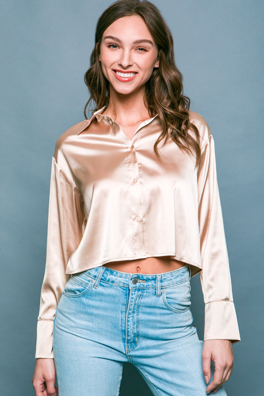 Khaki Satin Cropped Button Down