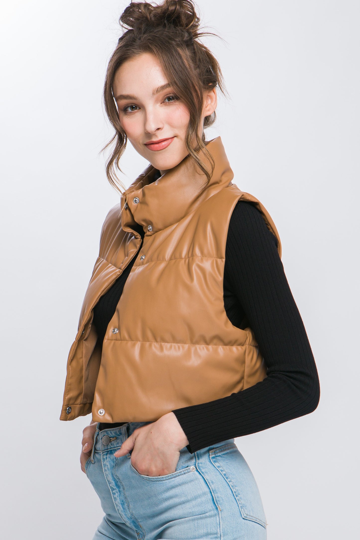 Camel Faux Leather Puffer Vest