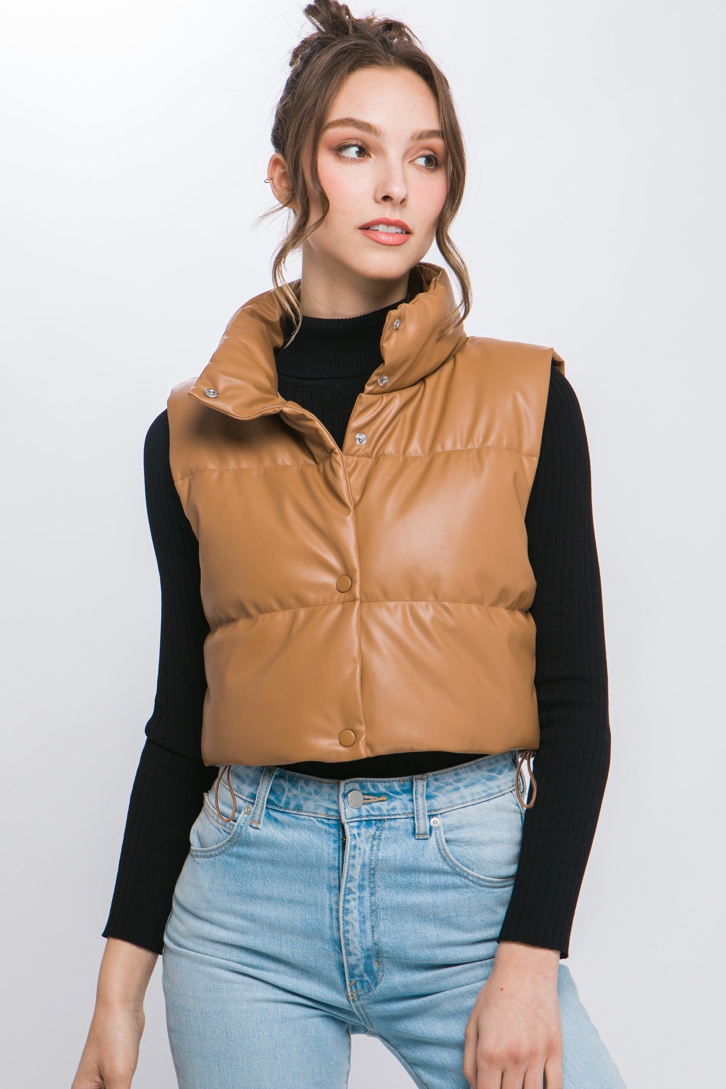 Camel Faux Leather Puffer Vest