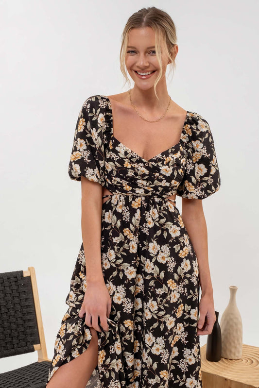 Open Back Floral Puff Sleeve Dress