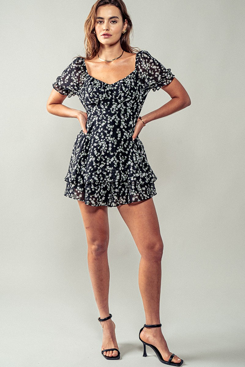 Black Floral Ruffle Romper