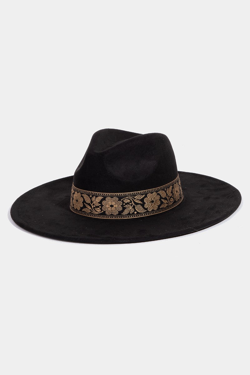 Black Flower Ribbon Fedora