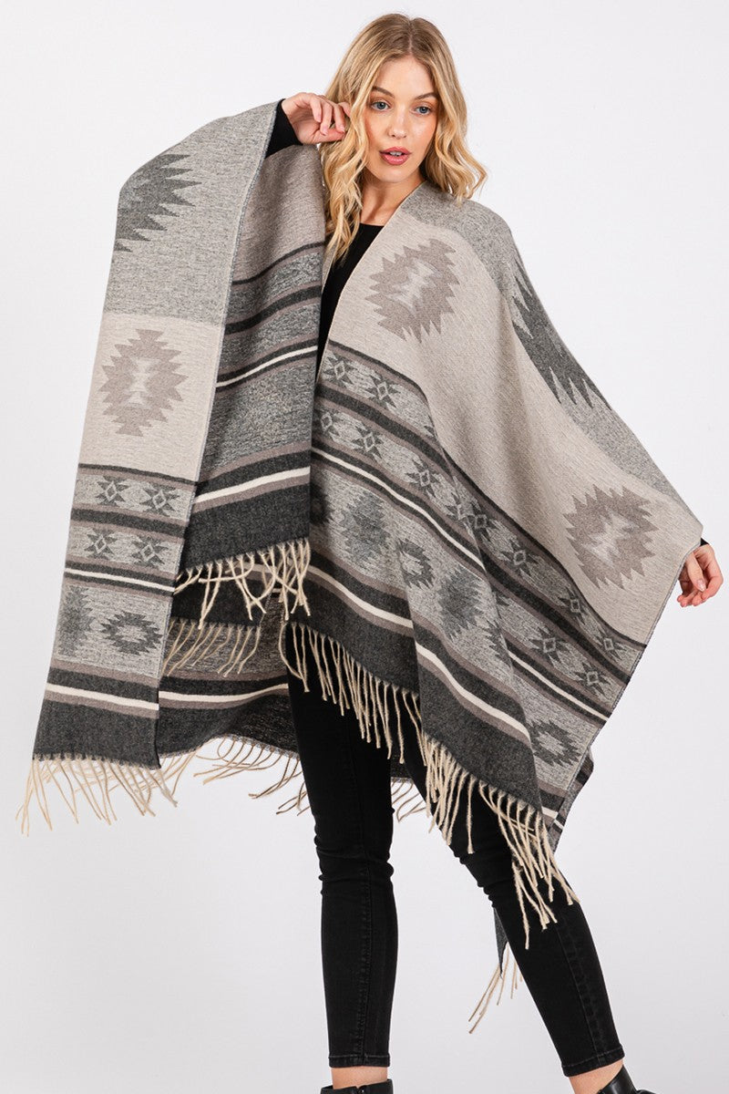 Black Aztec Striped Ruana